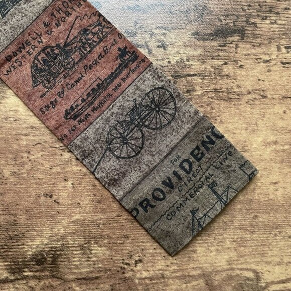 Vintage 1960s Square End Batik Tie Brown Carriage & Buggy Sailing Ship Print - Picture 4 of 6